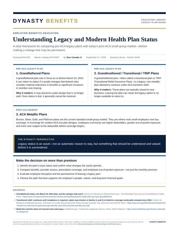 Dynasty Brief 001, the one-page legacy health plan guide