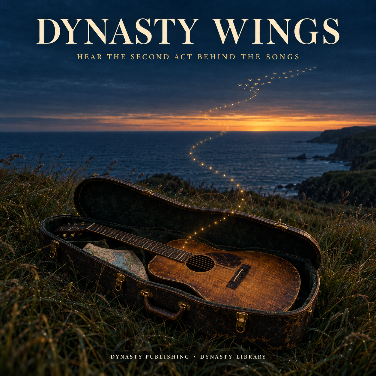 Dynasty Wings: Hear the Second Act Behind the Songs.. An open guitar case on a twilight Scottish clifftop, a thin gold flight path rising to the horizon.